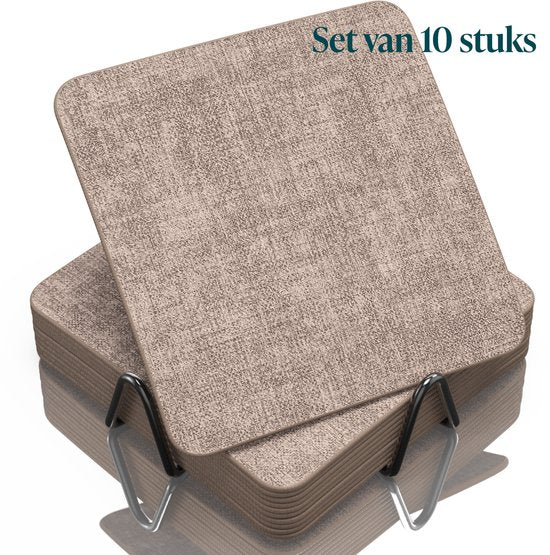 Sous-verres en simili cuir Castagnola – Sous-verres pour verres – Sous-verres design avec support – Lot de sous-verres en cuir avec support métallique – Cuir – Lot de 10 – Marron chiné – 10 x 10 cm