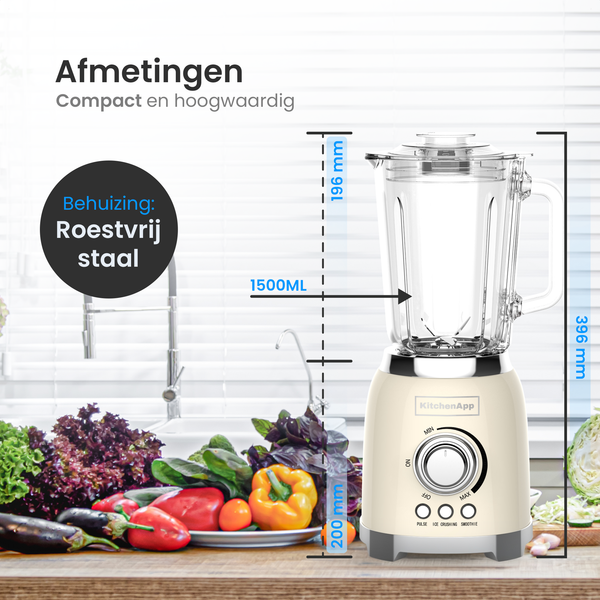 Mixeur KitchenApp Retro, pichet en verre de 1,5 litre - 800 W - Glace pilée, smoothies et fonction « Pulse » - Vitesse réglable en continu - Beige