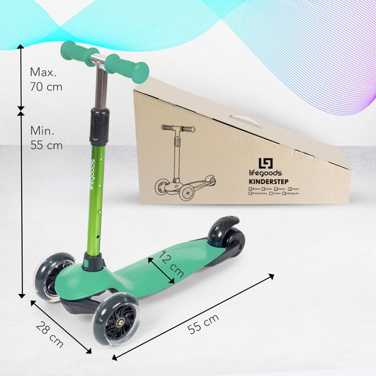 Trottinette enfants - LifeGoods - 2-5 ans - 3 roues LED lumineuses - Hauteur réglable - Vert