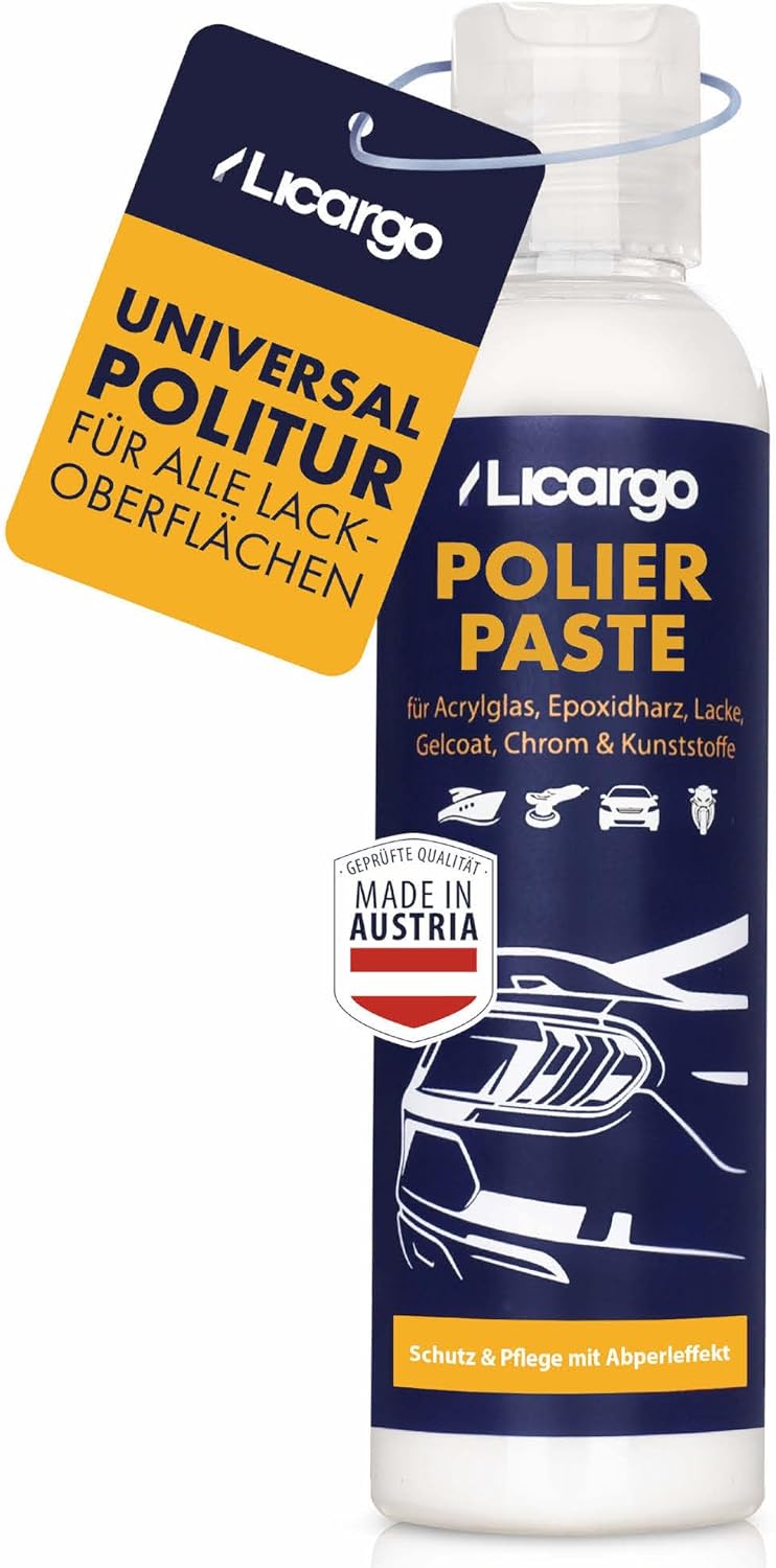 Licargo Universal Polishing Paste 150 ml - Polissage fin pour le verre acrylique, la résine époxy, la laque, le gelcoat, le chrome et le plastique - Enlève les micro-rayures et restaure la haute brillance