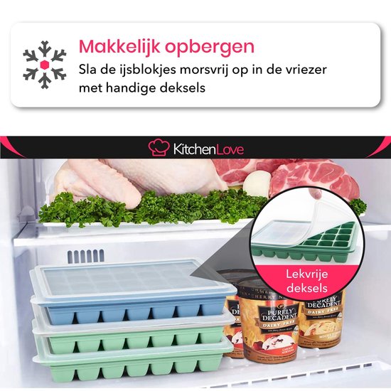 KitchenLove Moule à glaçons en silicone avec couvercle (2 pièces) - 56 glaçons - Carré - Sans BPA - 100% Silicone - Vert & Bleu