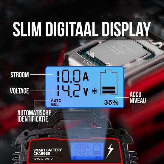 Chargeur de batterie industriel Strex - 12/24V 5/10/25A - pour voiture / moto / scooter / bateau / camping-car - mode réparation - chargeur goutte à goutte