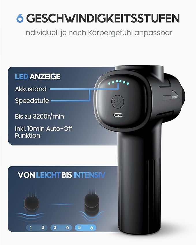 HELDENWERK Pistolet de massage avec 6 accessoires - 3200 rpm, USB-C, masseur musculaire - Noir