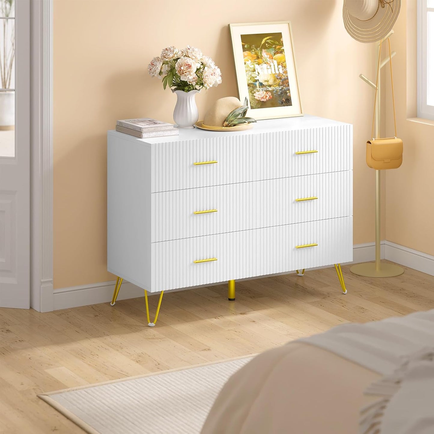 Commode Woltu avec 6 tiroirs blanc et or - Meuble de rangement pour chambre, salon ou entrée - 100 x 40 x 75 cm