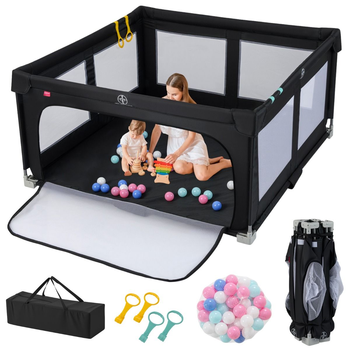 marcheur bébé côte 150 x 150 cm - Jouet pliable avec 50 balles, 4 poignées et une porte à fermeture éclair - Noir
