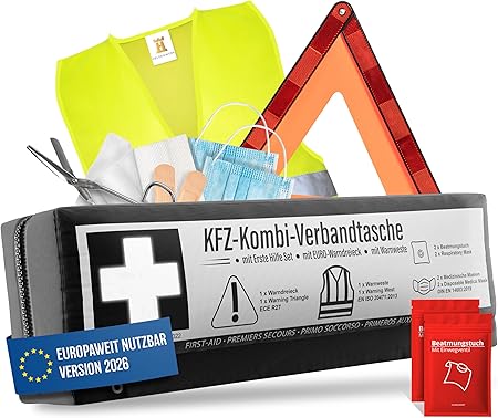 Car combi bag (3 en 1) selon la norme actuelle 2026 - y compris triangle de signalisation, gilet de sécurité - kit de premiers secours triangle de signalisation kit de premiers secours pour voiture DIN 13164:2022 (conformément au code de la route allemand