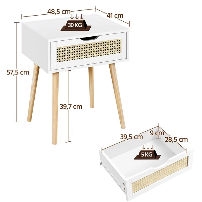 Table de chevet Yaheetech 48,5 x 40 x 57,5 cm - Aspect rotin - 1 tiroir - Blanc