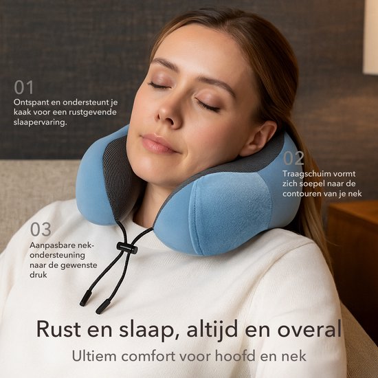 SKYCASES Travel Essentials - Ensemble d'oreillers de cou 3 pièces - Oreiller de voyage ergonomique en mousse à mémoire de forme avec masque pour les yeux et bouchons d'oreille - Idéal pour l'avion, la voiture et le train - Compact et luxueux - Bleu royal