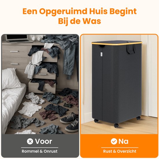 Posity Panier à linge sur roues - 100 litres - pliable - Panier à linge en tissu - Panier à linge - Avec couvercle et poignées - Bambou - Sac à linge inclus - Noir