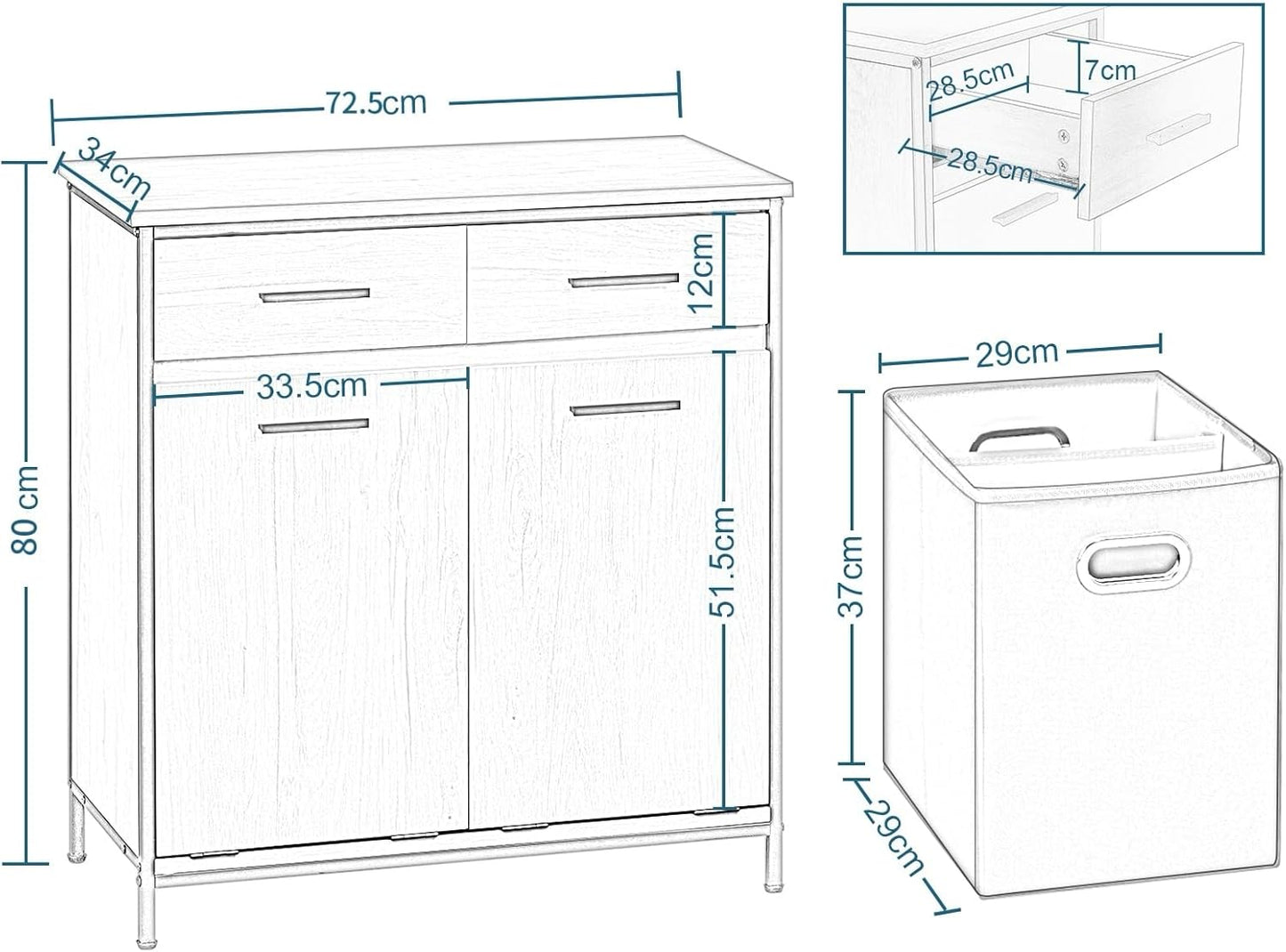 Armoire de toilette Eugad avec panier à linge et 2 tiroirs - Chêne clair et noir - 72,5 x 34 x 80 cm