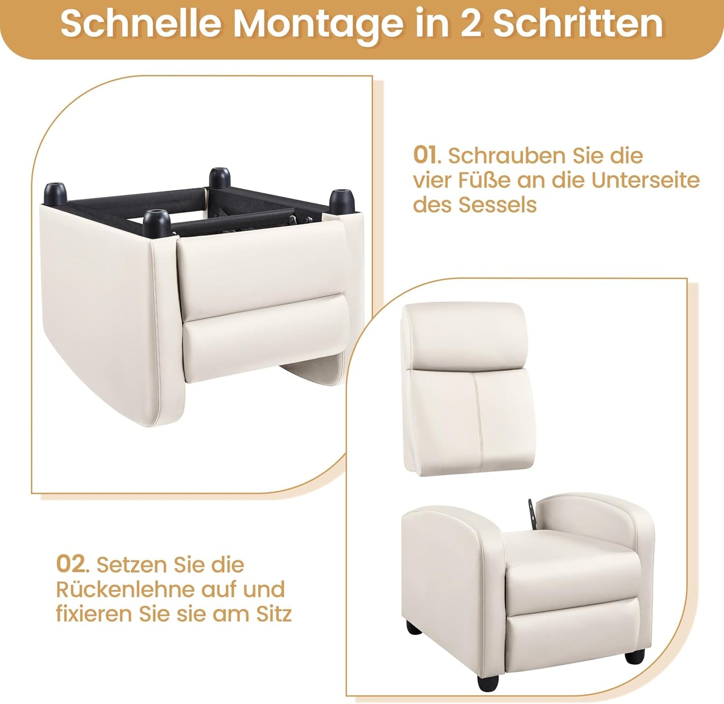 Yaheetech Fauteuil inclinable - Fauteuil réglable en simili cuir - Ressorts ensachés - Beige - 3 positions assises et inclinables