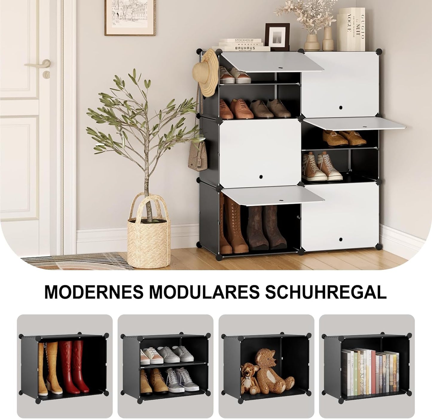 Étagère à chaussures Woltu à 6 compartiments - Meuble de rangement pour 24 paires de chaussures - Blanc/Noir - 94 x 36,5 x 109 cm