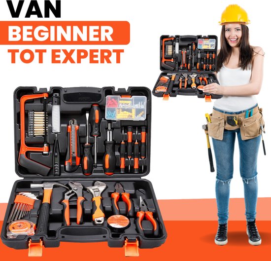 Mallette à outils Vertrex remplie - Outils - Set d'outils - Mallettes à outils - Jeu de tournevis - Ruban à mesurer - Marteau - Jeu d'embouts - Jeu de clés Allen - Tendeur - Scie - Couteau Stanley
