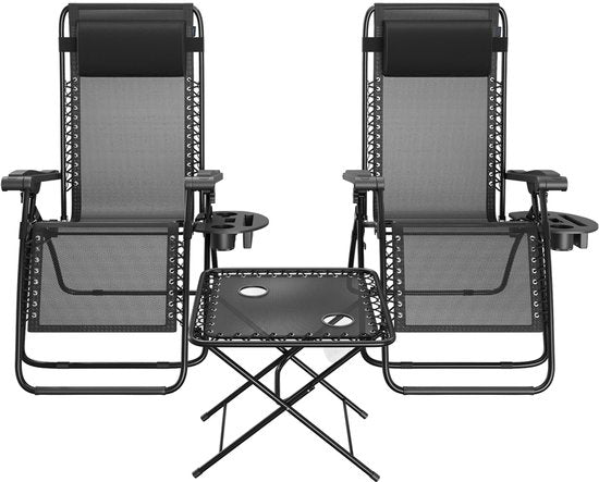 LifeGoods Chaises longues - Pliable - Ensemble complet - Avec table d'appoint - 30°-90° réglable - Chaises de jardin - Métal - Noir