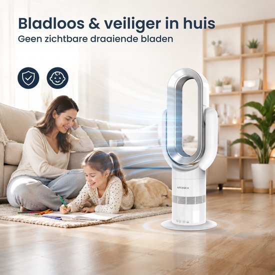 Ventilateur sans fil Aironex Swing avec chauffage – Radiateur soufflant – 2 en 1 : refroidissement et chauffage – 10 réglages – Oscillation à 71° – Télécommande – Blanc