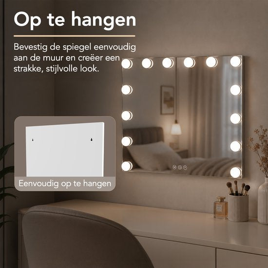 Miroir Lumirex Hollywood 58 x 46 cm - Miroir de maquillage éclairé - 15 LED - Intensité réglable - 3 couleurs de lumière - Commande tactile - Alimentation secteur - Miroir de maquillage - Blanc