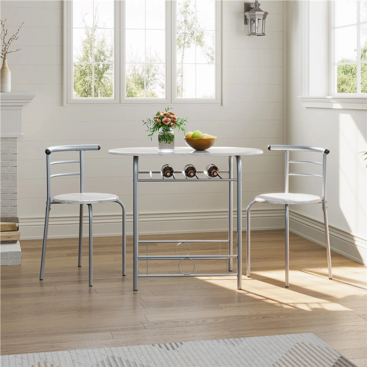 Ensemble de salle à manger 3 pièces avec table et 2 chaises, aspect bois (MDF) et structure métallique blanche, 80 × 53 × 73,5 cm