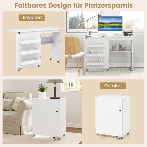 Coast Sewing Table White - Table de loisirs pliable sur roulettes avec rangement et 3 bacs cachés - 118.5 x 40 x 79.5 cm