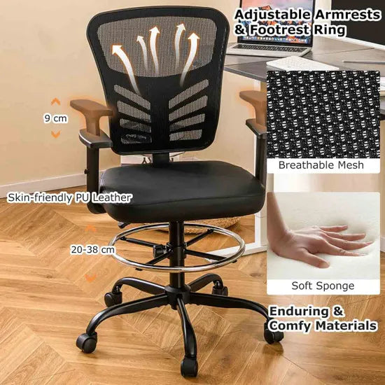 Coast Siège de travail - Ergonomique - Réglable - Pivotant - Anneau pour les pieds - Maille - Noir