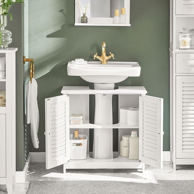 SoBuy Meuble lavabo - 2 Portes - 2 Etagères - Blanc - 60x35x58 cm - FRG237-II-W