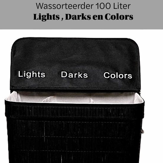 Panier à linge Ceruzo à 3 compartiments – Trieur de linge en bambou 100 L – Sac intérieur amovible – Noir