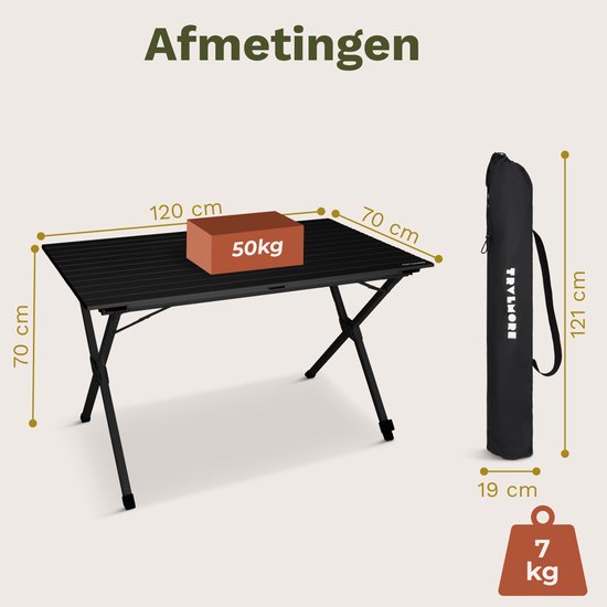 TRVLMORE Table de camping - 120x70x70cm - Légère avec structure en aluminium - Table pliante réglable - Table de camping - Table pliante - Noir