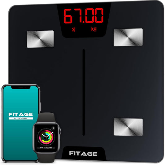 Fitage Pèse-personne numérique Analyse corporelle intelligente - 17 mesures - App Linking - 180 kg - 28 x 28 cm - Noir