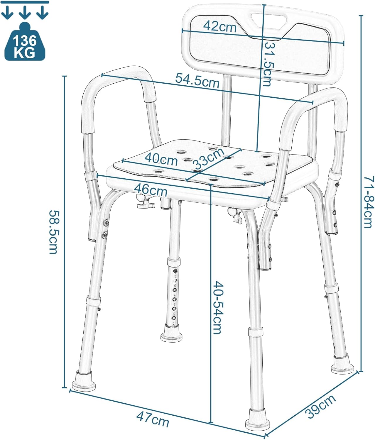 Chaise de douche Eugad - Max. 130 kg - Hauteur réglable - 47 x 39 x 84 cm - Bleu / Blanc