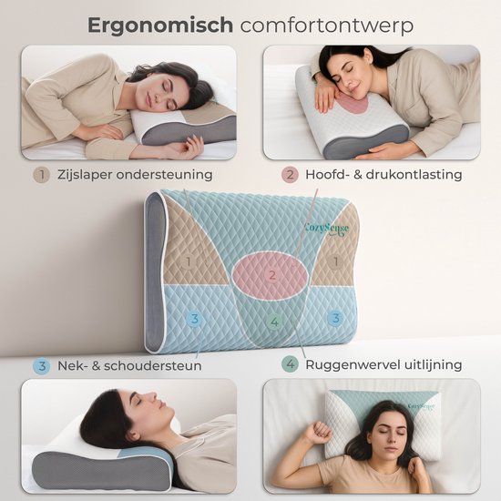 Oreiller CozySense® - Oreiller orthopédique - Oreiller ergonomique - Mousse à mémoire de forme contre les douleurs cervicales - Taie d'oreiller et sac de transport inclus - Fermeté moyenne