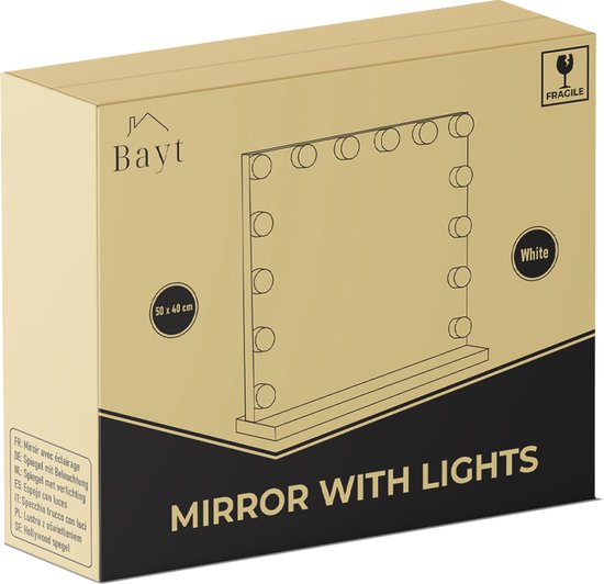 Bayt Hollywood Mirror with Lighting - Miroir de maquillage avec éclairage - Miroir avec éclairage - Dimmable - Grossissement 10x - 50x40cm - Blanc