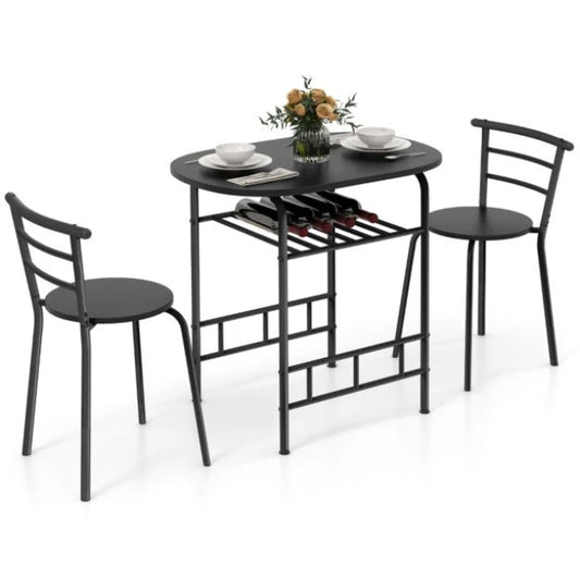 Coast Dining Table Set Black - 3-Piece Bar Table Set with 2 Chairs and Wine Rack - Table 80 x 53 x 77 cm