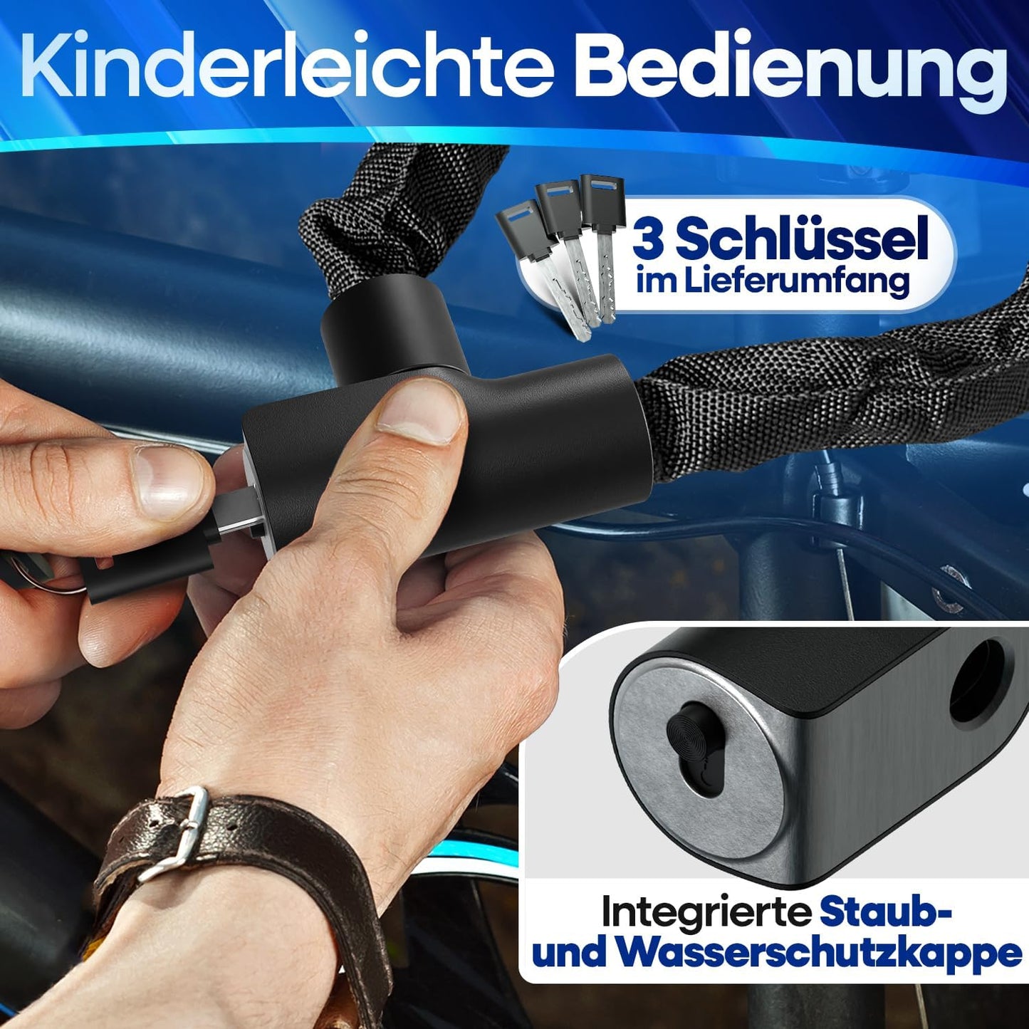 NEXTCOVER® Cadenas à vélo LockOne avec clé I - [SAFE] Cadenas à vélo haute sécurité I cadenas à chaîne robuste et durable I Cadenas à vélo, cadenas à vélo 3 clés
