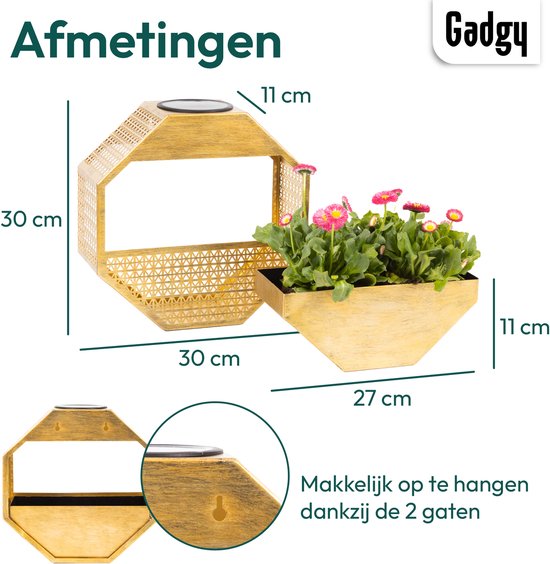 Gadgy Solar - Applique murale Gadgy Solar avec jardinière – Éclairage de jardin à énergie solaire – Lampe d'extérieur à LED – 30 x 30 cm – Jardinière noire
