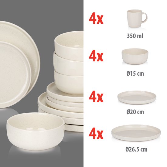 alpina Service de table 16 pièces - Ensemble d'assiettes 4 personnes - Vaisselle en faïence - Assiettes à déjeuner, assiettes à dîner, bols et tasses - Résiste au micro-ondes et au lave-vaisselle - Crème