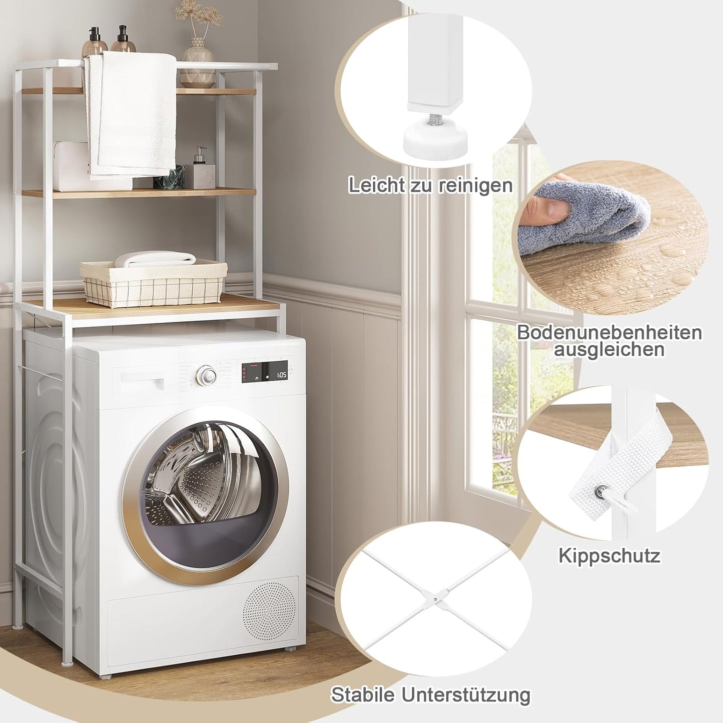 Eugad Support pour lave-linge / Support pour toilettes - Meuble de rangement supérieur avec 3 étagères et porte-serviettes - 67 x 162 x 40 cm - Blanc