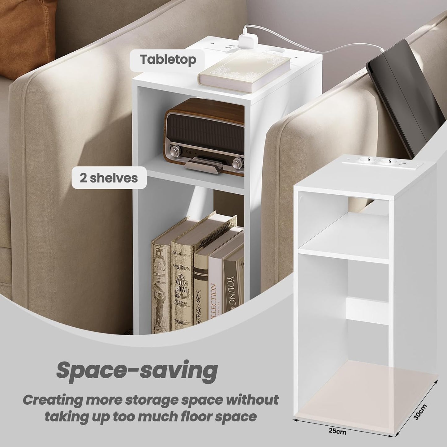 Woltu 2x table de nuit avec USB et prise - Blanc - 25 x 30 x 60 cm - Design compact et moderne