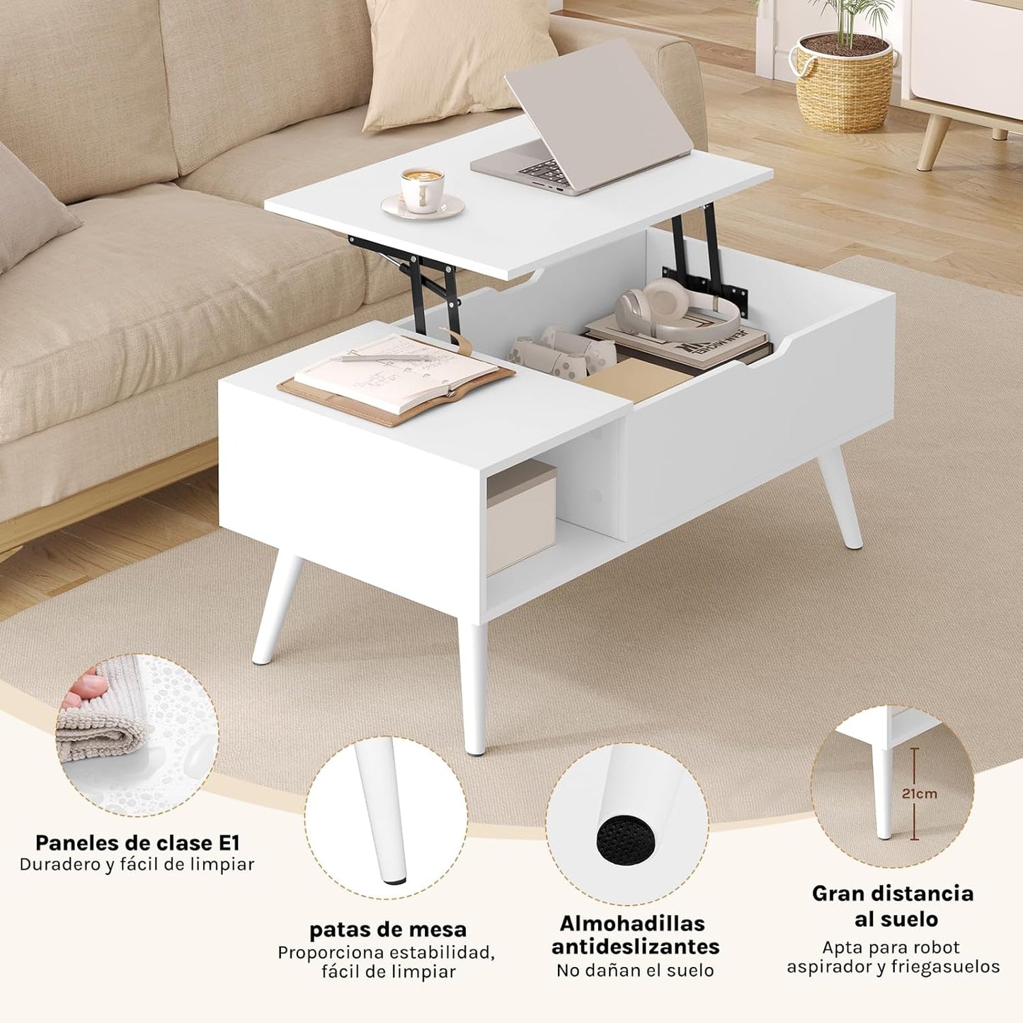 Table basse relevable Woltu - extensible et réglable (100 x 50 x 43-57 cm) - blanche