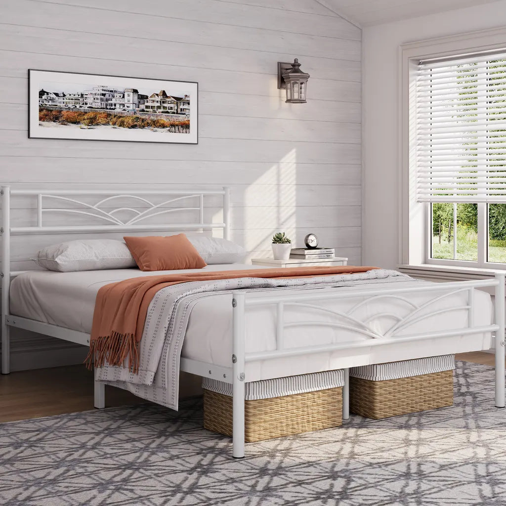 Yaheetech Cadre de lit 140 × 200 cm - Métal blanc - Avec tête et pied de lit en forme de nuage et espace de rangement de 32 cm