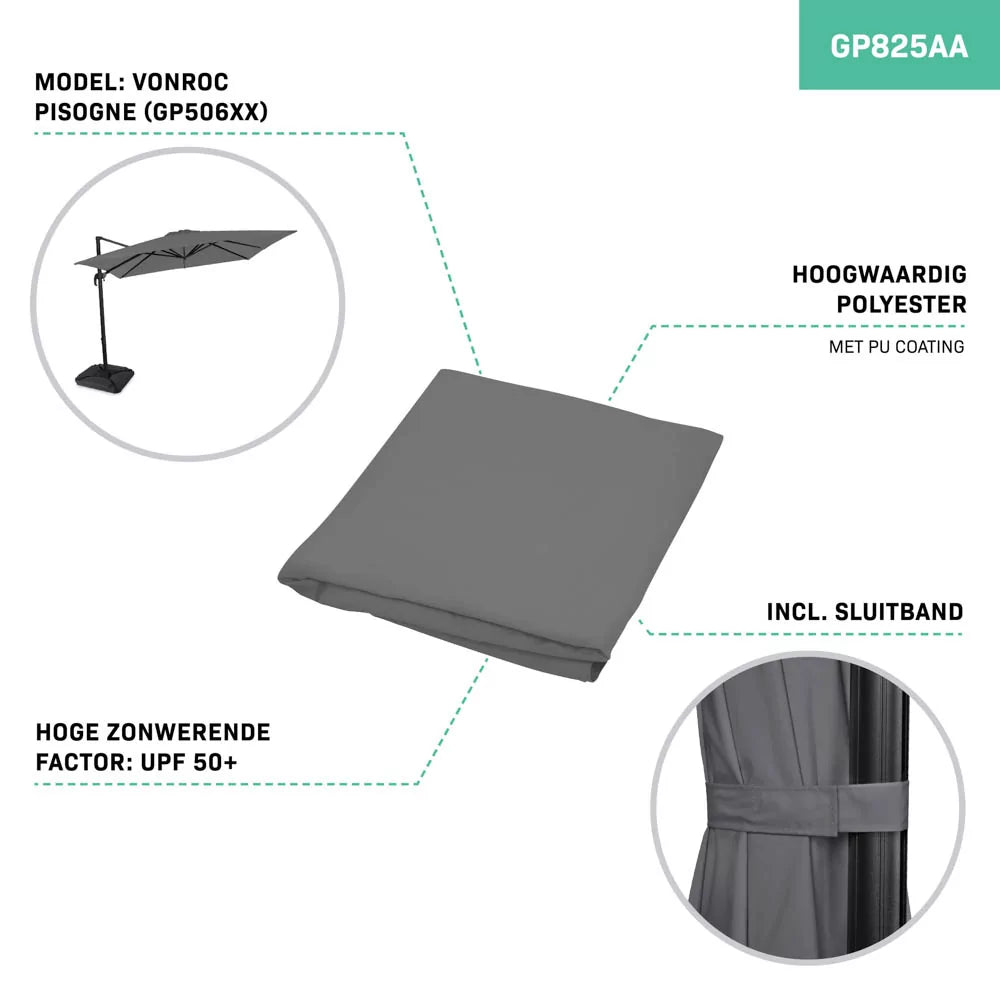 Vonroc Toile de parasol - 300x300cm - Pour parasol flottant Pisogne - GP506XX - Gris