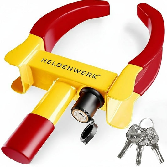HELDENWERK - Attache de roue avec verrouillage de sécurité - 48x25x7 cm - pour largeur de pneu 18-30 cm avec 3 clés - protection contre le vol pour camping-car et voiture - acier jaune et rouge