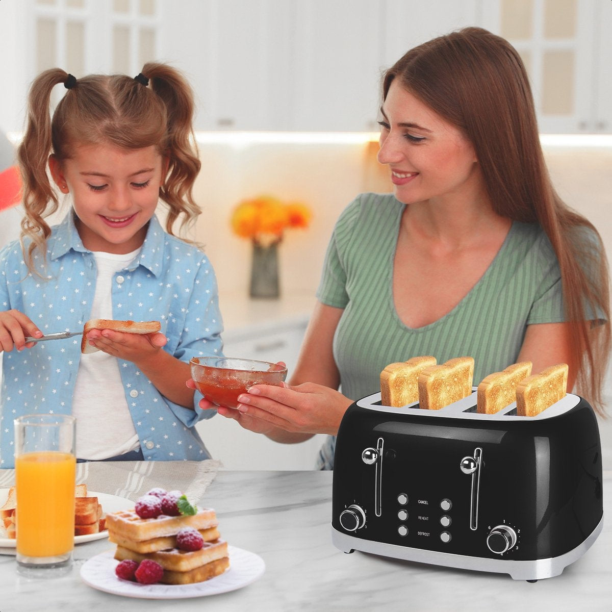 Grille-pain KitchenBrothers rétro - 6 niveaux de chaleur - 4 places - réchauffer, décongeler - 1630W - Noir