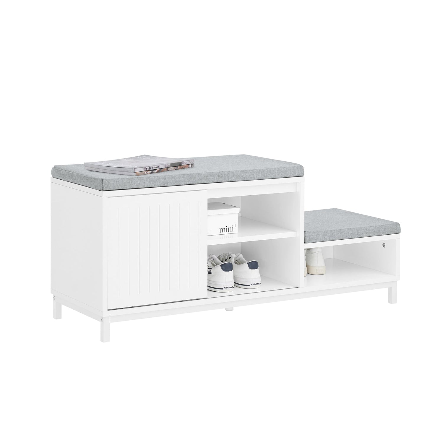 SoBuy Banc de rangement avec meuble à chaussures - Blanc - 100x35x45 cm - Modèle FSR166-W - Avec 2 coussins rembourrés, porte coulissante et 3 compartiments de rangement