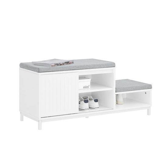 SoBuy Banc de rangement avec meuble à chaussures - Blanc - 100x35x45 cm - Modèle FSR166-W - Avec 2 coussins rembourrés, porte coulissante et 3 compartiments de rangement