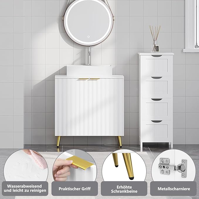 eSituro SBP0095 Meuble bas pour lavabo - meubles de salle de bains - blanc avec pieds en métal doré - 60 x 62 x 30 cm