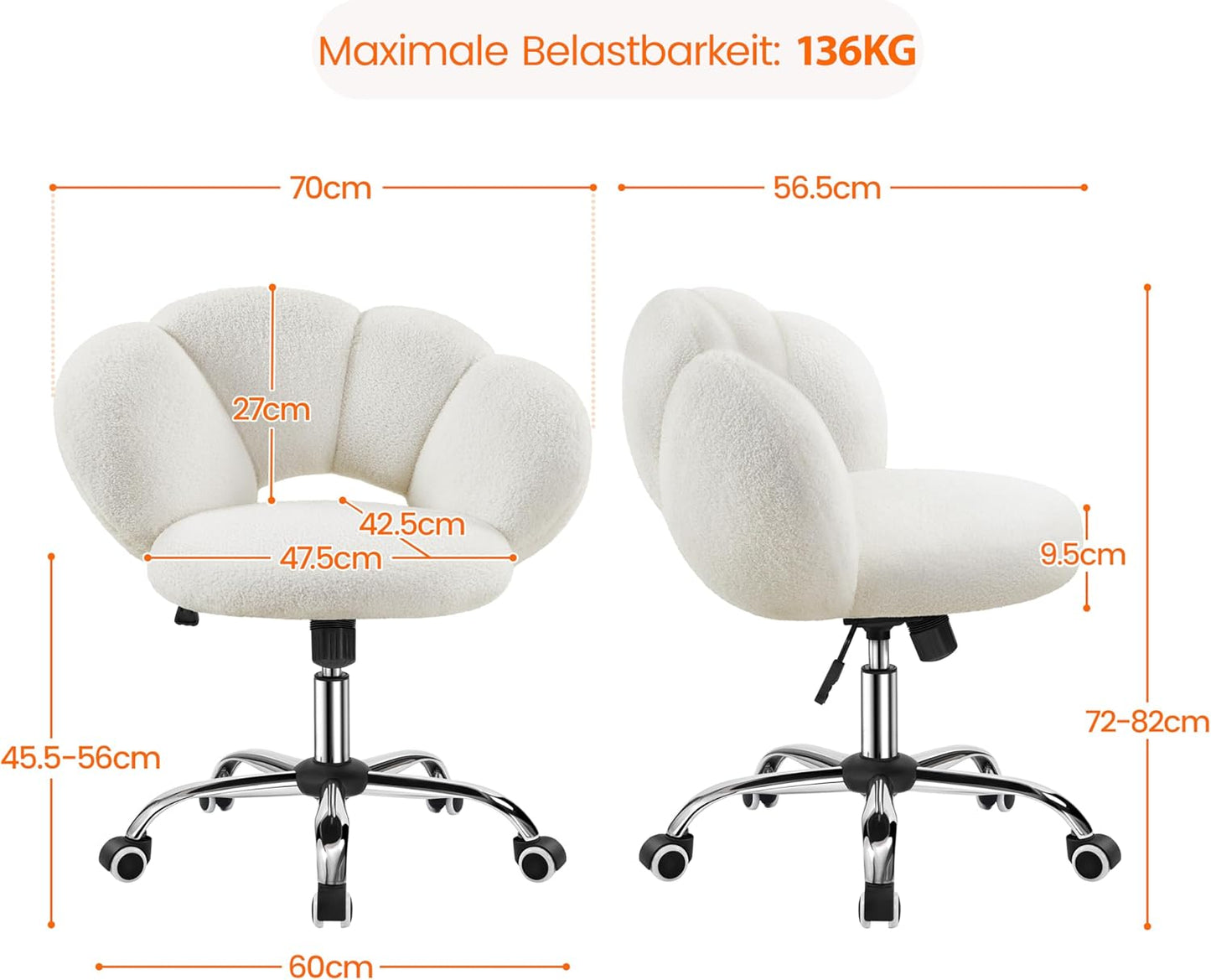 Yaheetech Chaise de bureau réglable - en forme de nuage - jusqu'à 136 kg - 70 x 60 x 72-82 cm - blanc