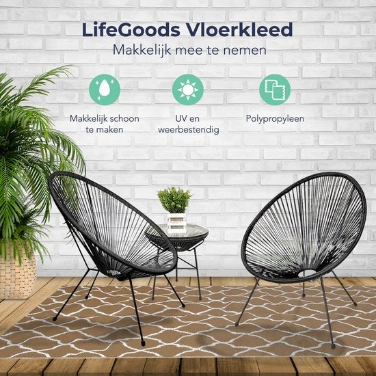 LifeGoods Tapis d'extérieur - 120x180CM - Tapis de jardin - Réversible - Sac de transport inclus - Avec motif - Beige/Blanc