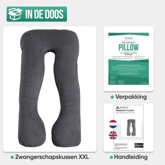 Coussin de grossesse Avalo XXL 280 cm - Coussin d'allaitement et de sommeil sur le côté en forme de U - Body Pillow - Coussin pour le corps - Gris foncé