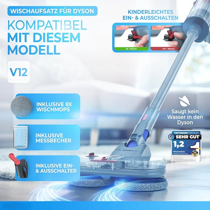 Gagnant du test - Balai à franges pour Dyson V12 - aspirateur électrique - balai à franges - aspirateur eau et poussière - avec réservoir d'eau amovible, porte-recharge et 8 balais à franges lavables