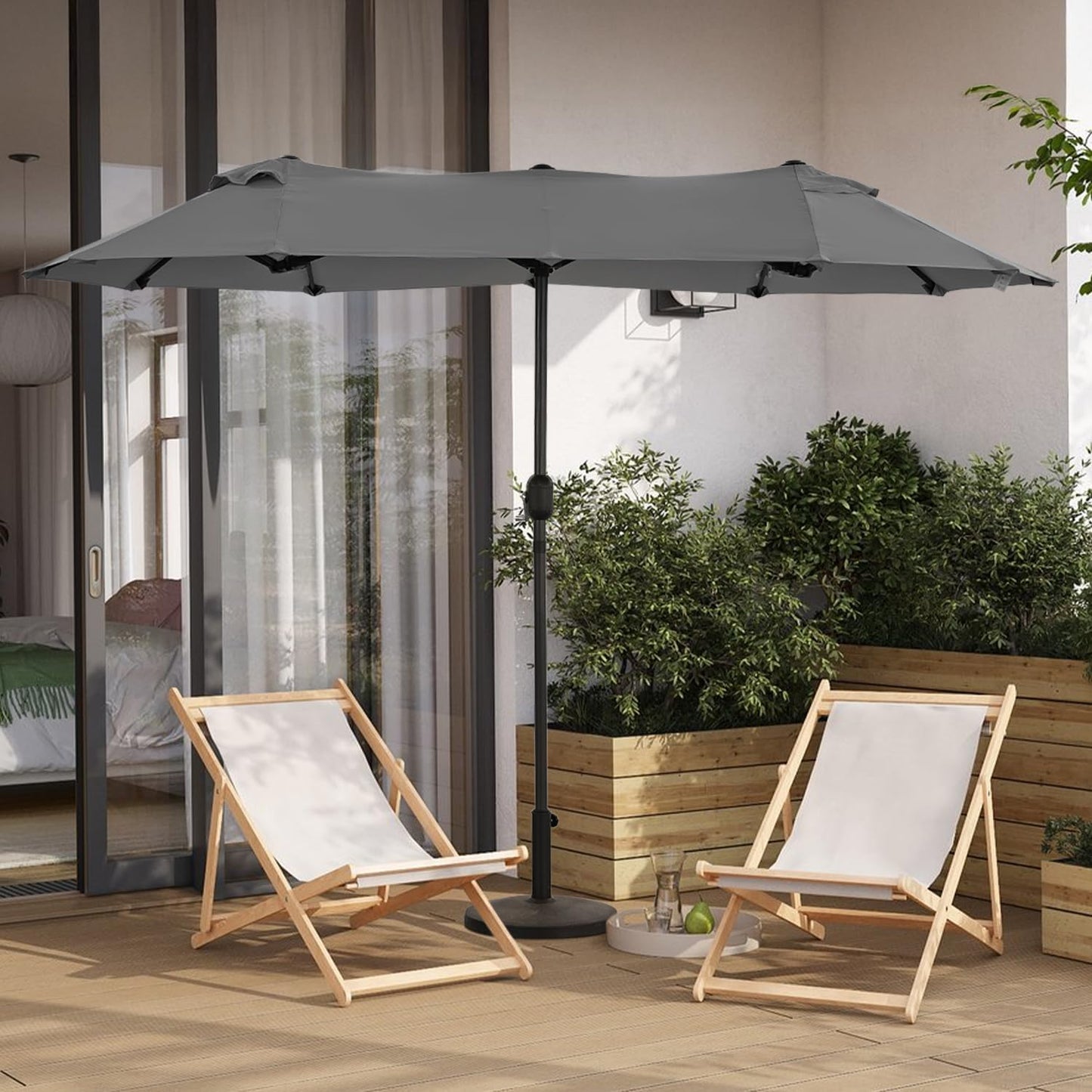 Angel Living Parasol double - 460 x 270 cm - avec manivelle Grand parasol Parapluie de marché - UPF 50+ - gris - 2.97x1.53cm