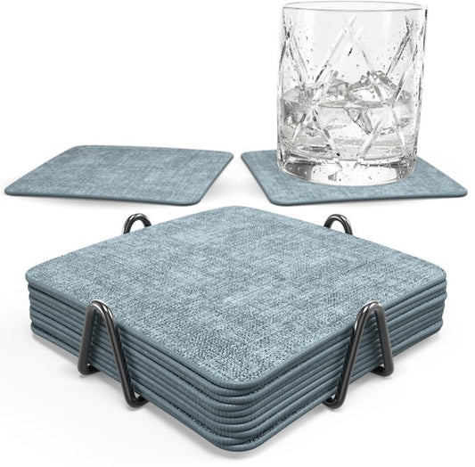 Sous-verres en simili cuir Castagnola – Sous-verres pour verres – Sous-verres design avec support – Lot de sous-verres en cuir avec support métallique – Cuir – Lot de 10 – Bleu chiné – 10 x 10 cm